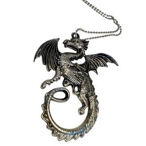 Vintage Silver Tone Flying Winged Dragon Mythical Creature Celestial Necklace